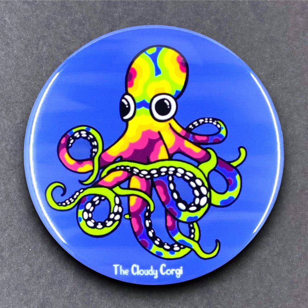 Rainbow Ocotopus Pin Button, Magnet, Keychain, Bottle Opener or Mini Ornament